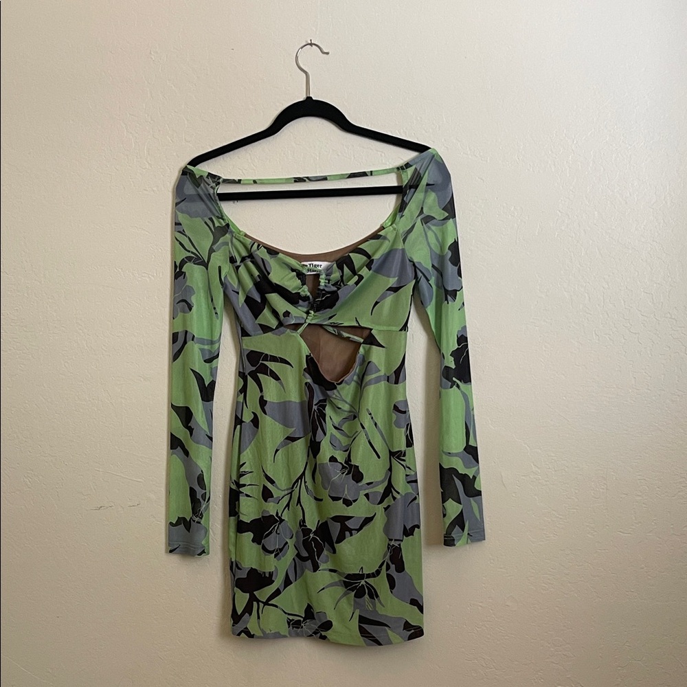 Tiger Mist Green Floral Mesh Mini Dress – Long Sleeve Cutout Bodycon, Size L